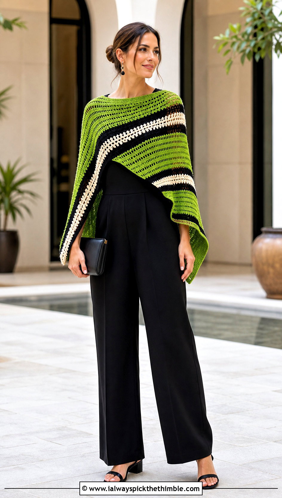 Striped Crochet Poncho With Sleeveless Jumpsuit - 25 easy crochet poncho outfit ideas