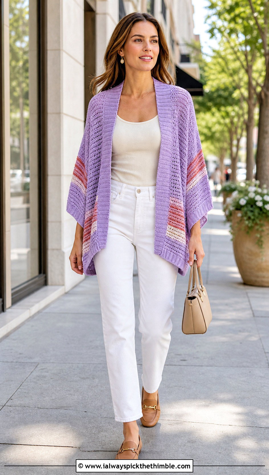 Striped Crochet Poncho With Sleeves And White Jeans - 20 crochet poncho with sleeves outfit ideas