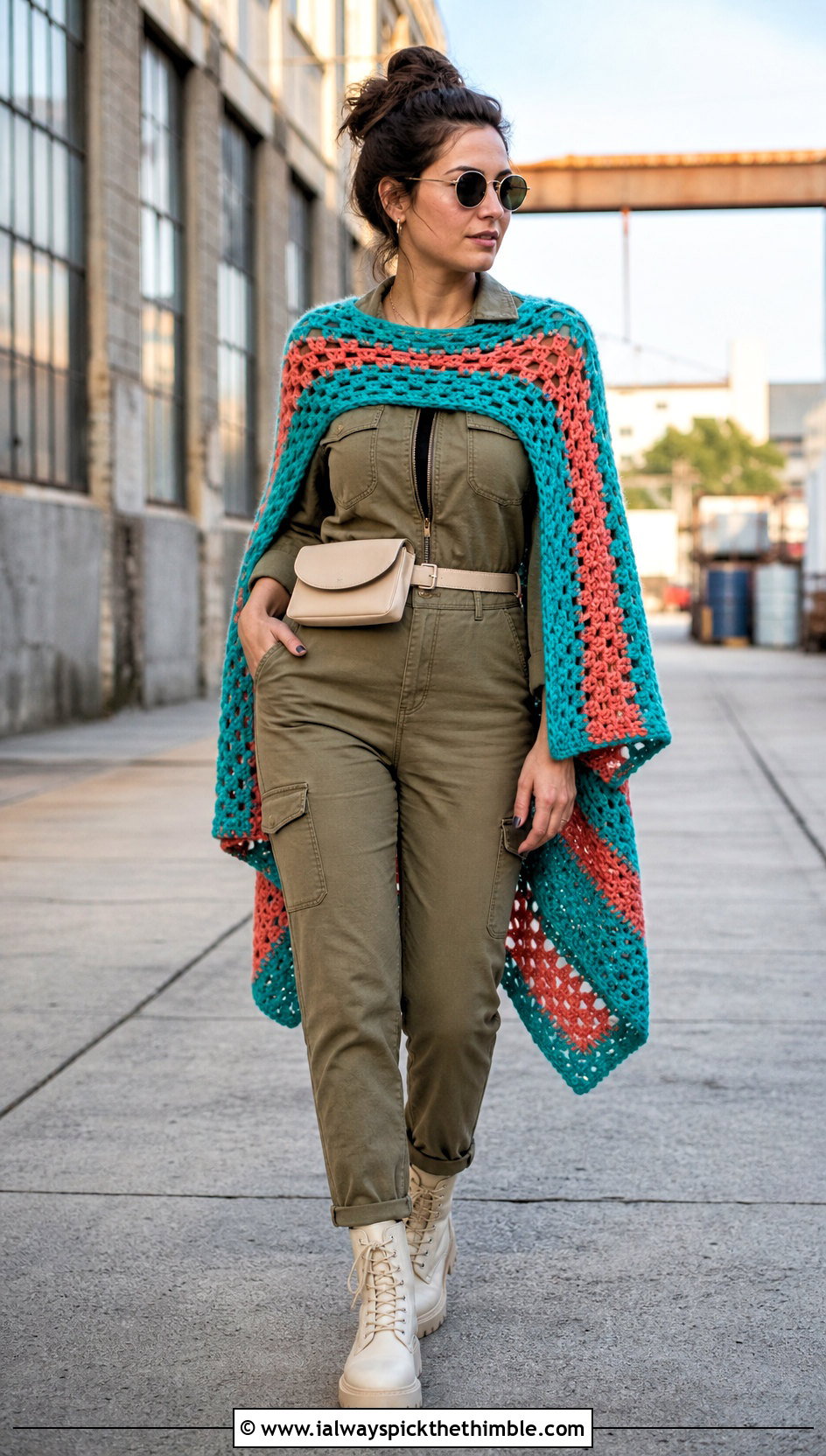 Striped Crochet Poncho With Utility Jumpsuit - 20 Simple Crochet Poncho outfit ideas