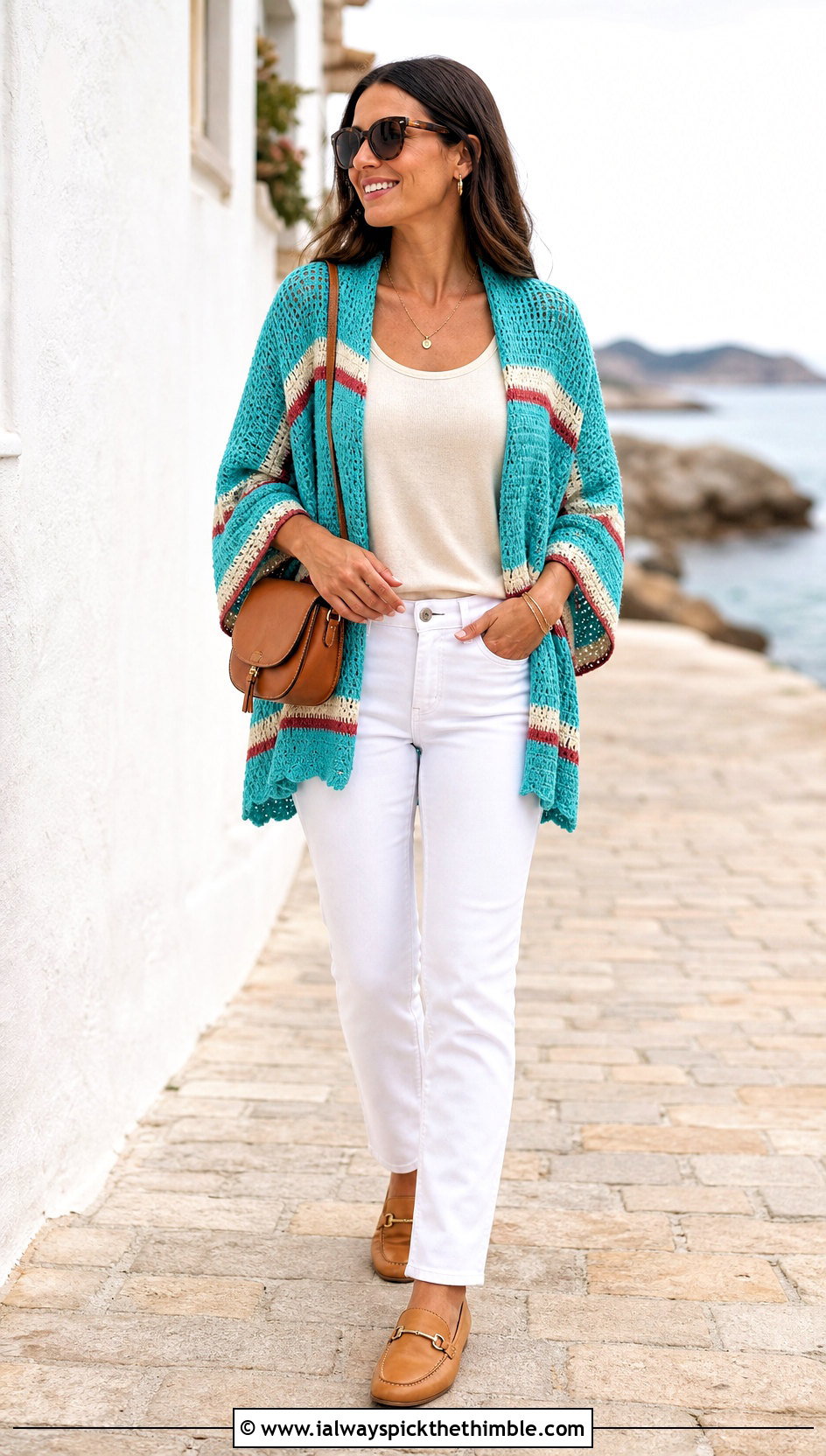 Striped Crochet Poncho With White Jeans - 20 Crochet For Poncho outfit ideas