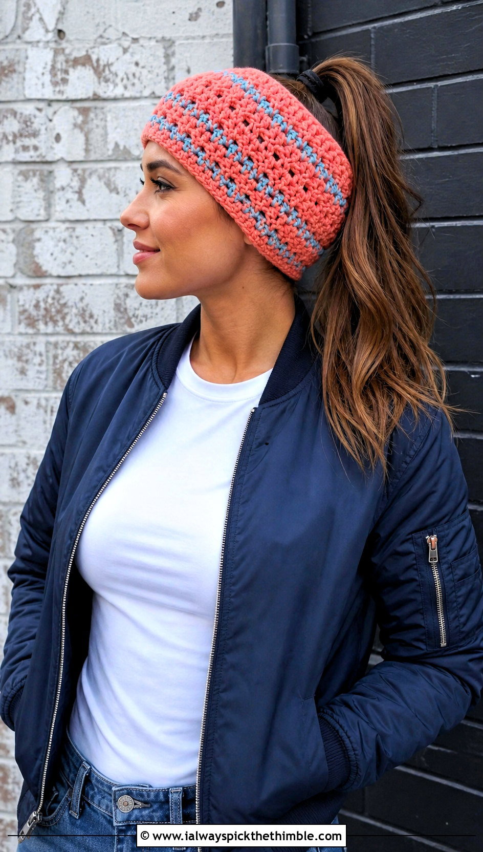 Striped Crochet Ponytail Hat With Bomber Jacket - 25 crochet ponytail hat outfit ideas