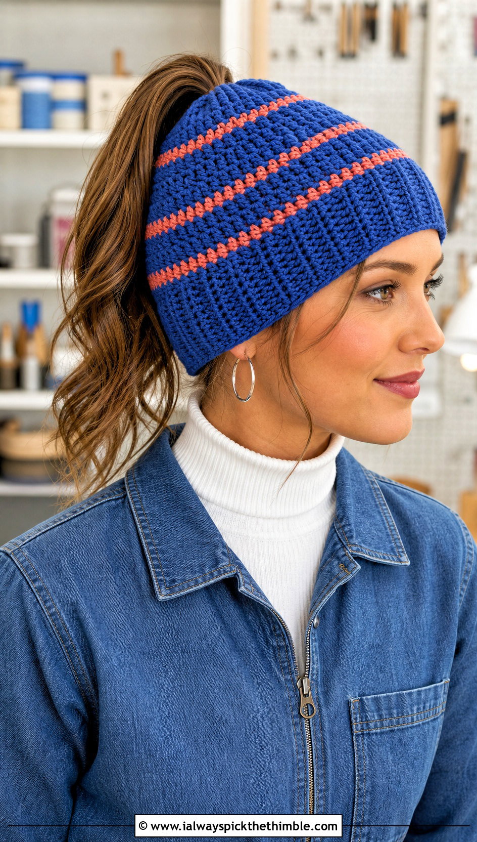 Striped Crochet Ponytail Hat With Denim Jumpsuit - 20 crochet hat with ponytail hole outfit ideas