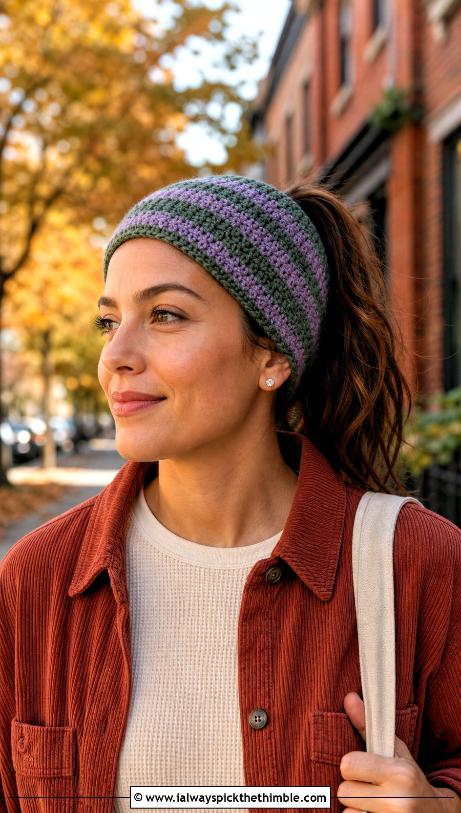 Striped Crochet Ponytail Headband With Corduroy Overshirt - 20 crochet headband with ponytail hole outfit ideas