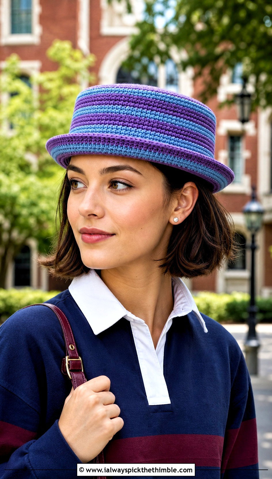 Striped Crochet Pork Pie Hat With Rugby Shirt - 20 crochet pork pie hat outfit ideas