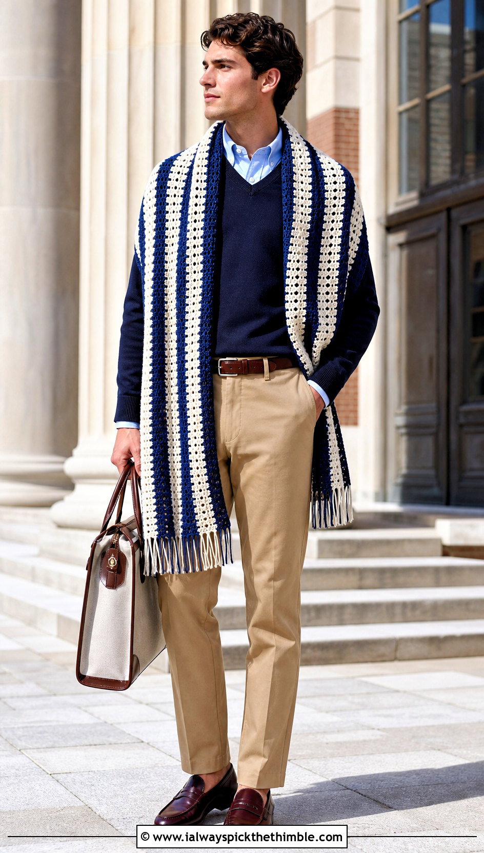 Striped Crochet Prayer Shawl With A Preppy Outfit - 20 Mens Crochet Prayer Shawl outfit ideas