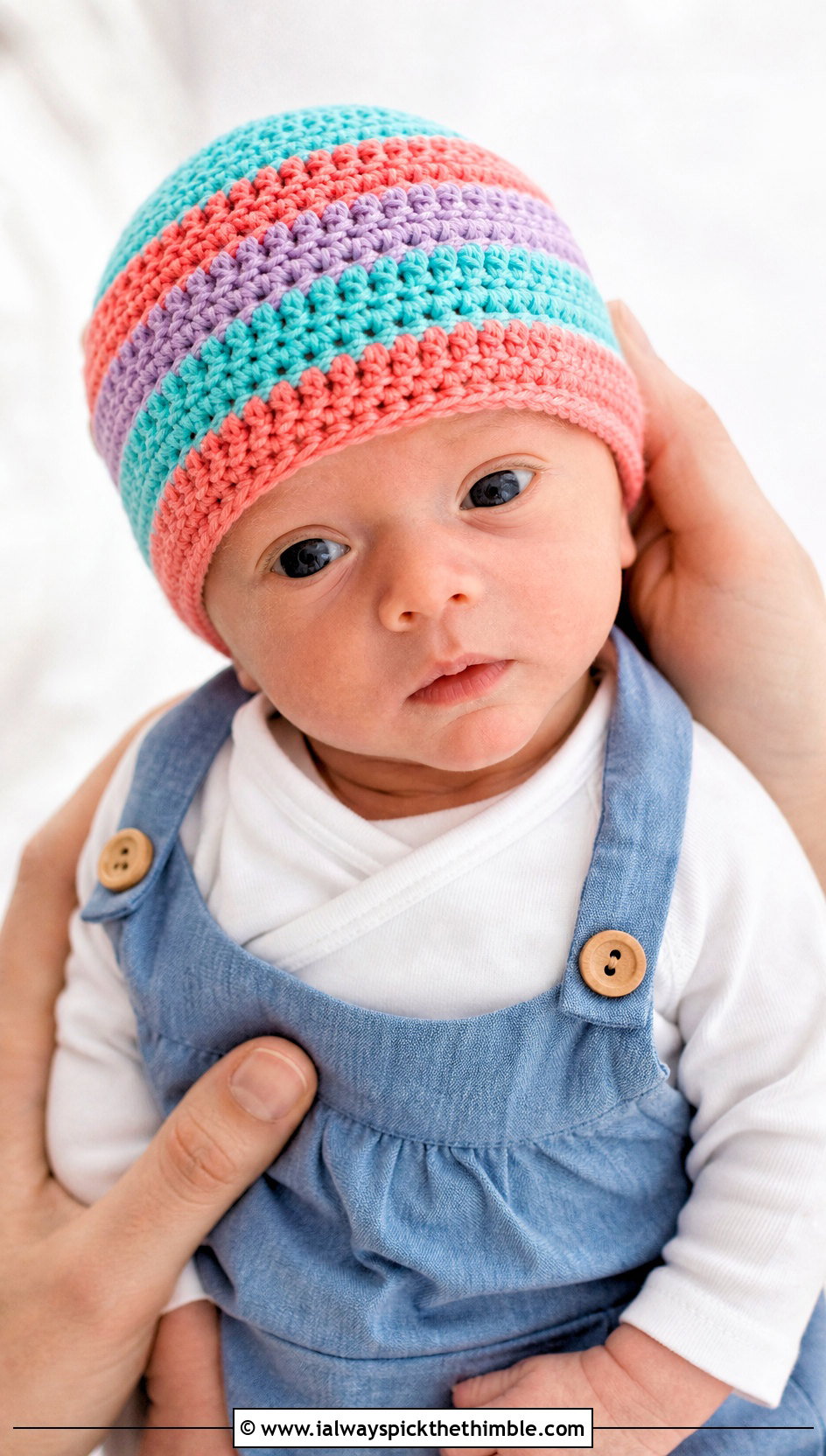 Striped Crochet Preemie Hat With Denim Look Romper - 20 crochet premie hats outfit ideas