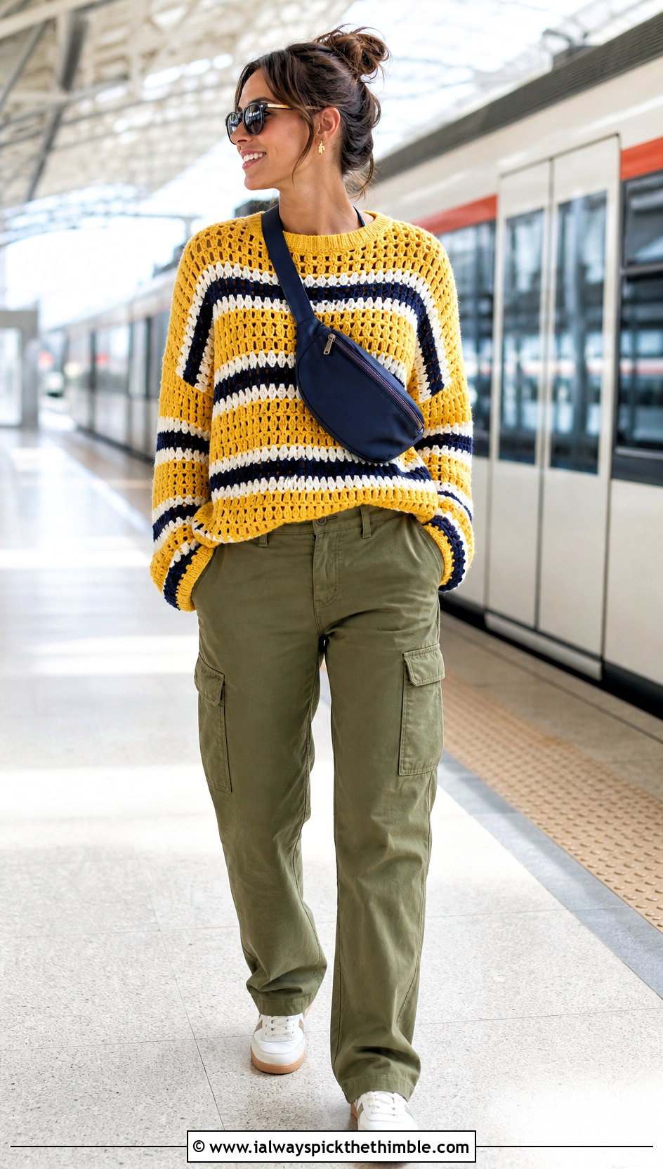 Striped Crochet Pullover Sweater With Cargo Pants - 15 crochet for ladies pull over sweaters outfit ideas