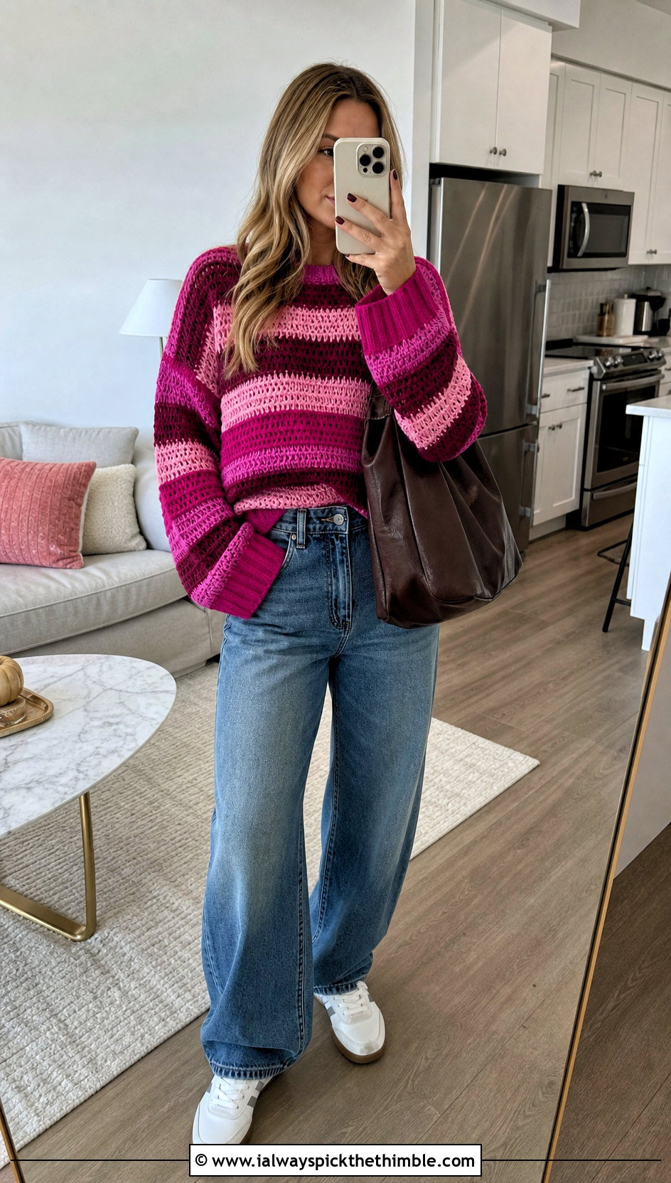 Striped Crochet Pullover Top With Barrel Jeans - 20 crochet fall tops outfit ideas