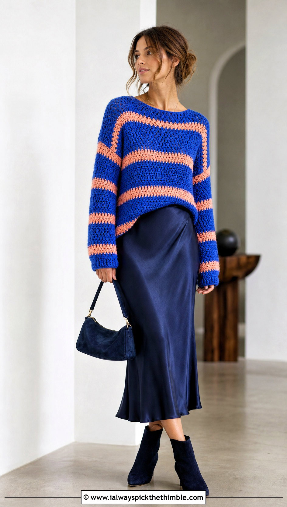 Striped Crochet Pullover With Satin Slip Skirt - 20 fall crochet sweaters outfit ideas