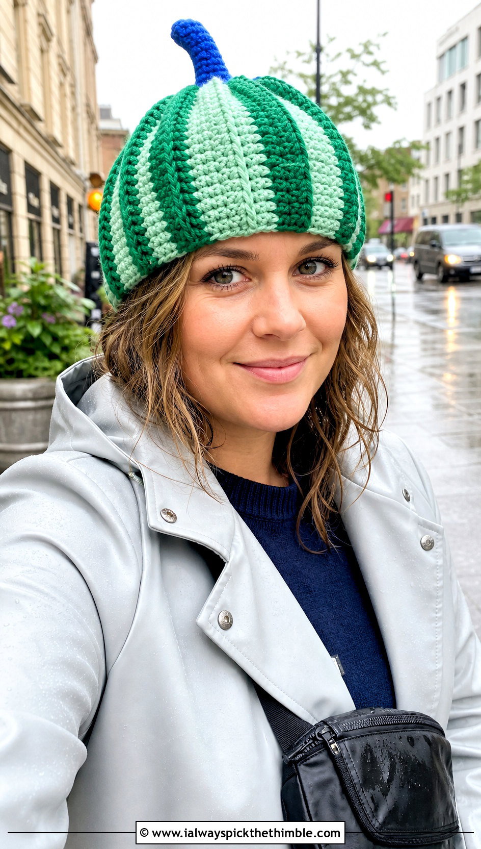 Striped Crochet Pumpkin Beanie With Raincoat - 20 crochet pumpkin beanie outfit ideas