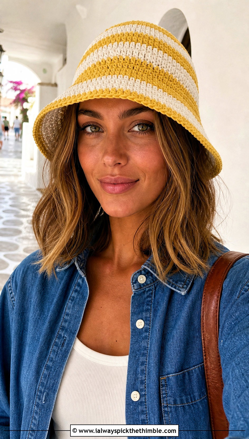 Striped Crochet Raffia Bucket Hat With Denim Set - 20 crochet raffia bucket hat outfit ideas