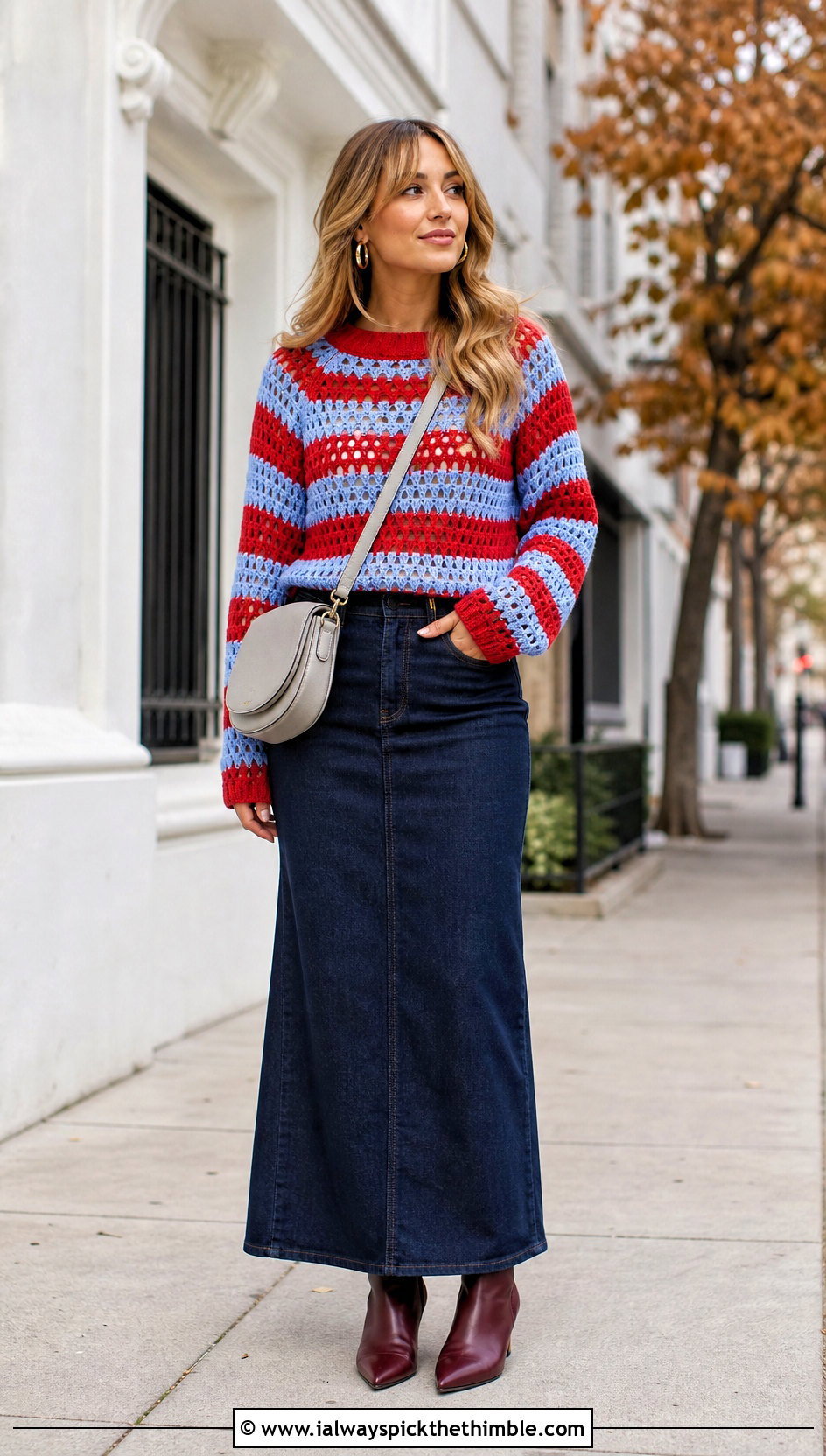 Striped Crochet Raglan Sweater With Denim Maxi Skirt - 25 crochet raglan sweater outfit ideas