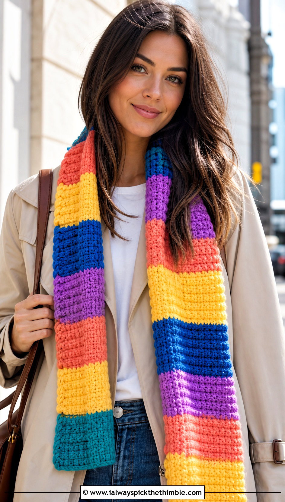 Striped Crochet Rainbow Scarf With Trench Coat And Jeans - 15 Crochet Rainbow Scarf outfit ideas