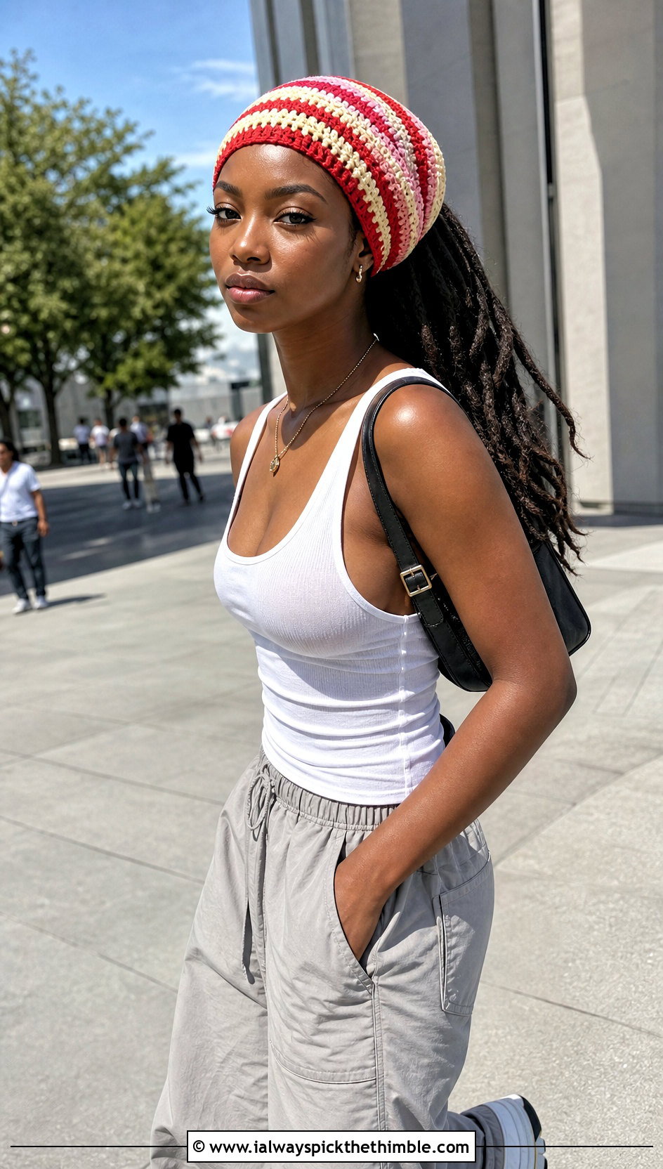 Striped Crochet Rasta Cap With Tank Top And Parachute Pants - 20 Crochet Dreadlock Hat outfit ideas