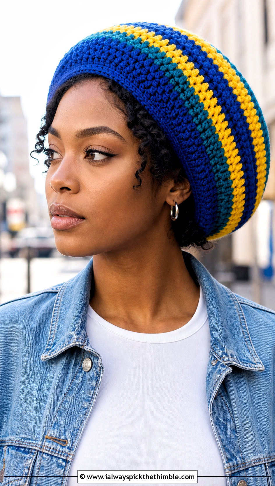 Striped Crochet Rasta Tam With Denim Jacket - 25 crochet rasta hats outfit ideas