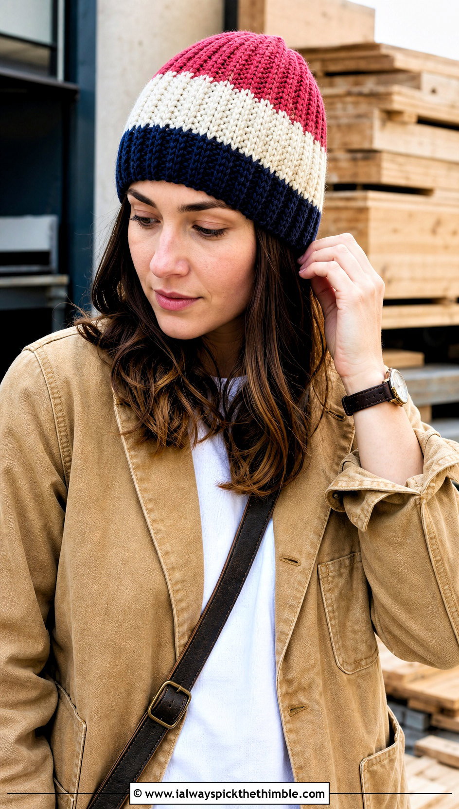Striped Crochet Ribbed Beanie With Chore Jacket - 25 crochet ribbed beanie outfit ideas