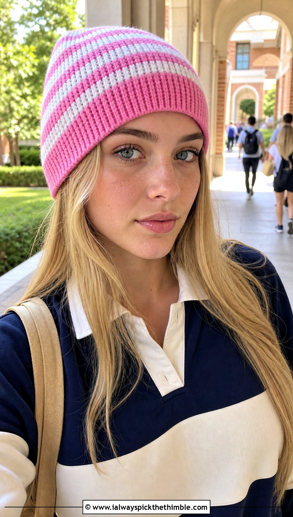 Striped Crochet Ribbed Beanie With Rugby Shirt - 20 easy crochet ribbed beanie outfit ideas