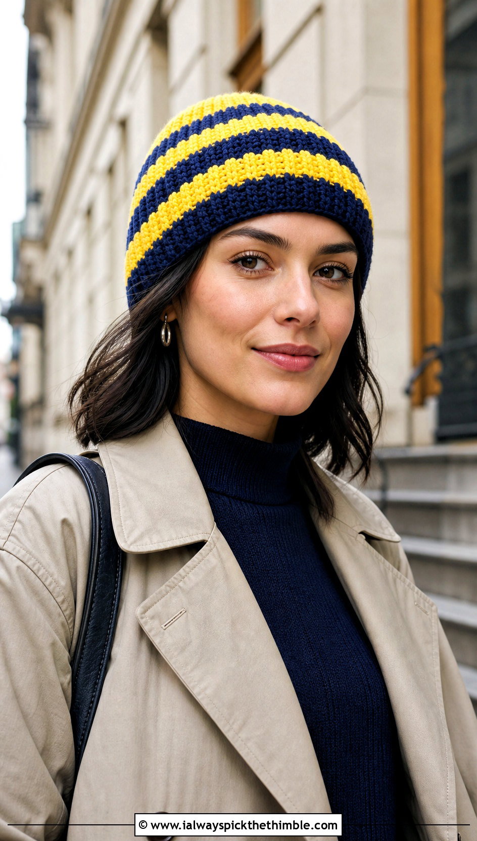 Striped Crochet Ribbed Beanie With Trench Coat And Wide Leg Pants - 20 striped crochet hat outfit ideas