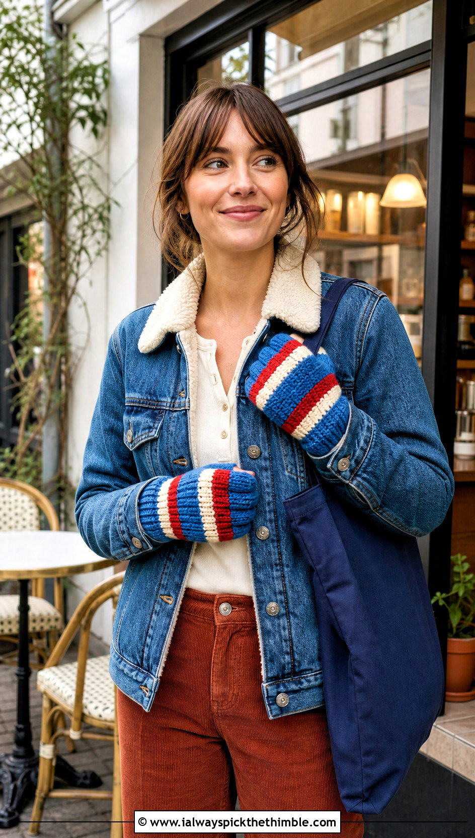 Striped Crochet Ribbed Mittens With Denim Jacket And Corduroy Pants - 15 Crochet Ribbed Mittens outfit ideas