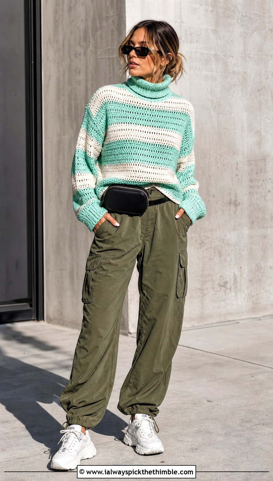 Striped Crochet Roll Neck Sweater With Cargo Pants - 20 crochet high neck sweater outfit ideas
