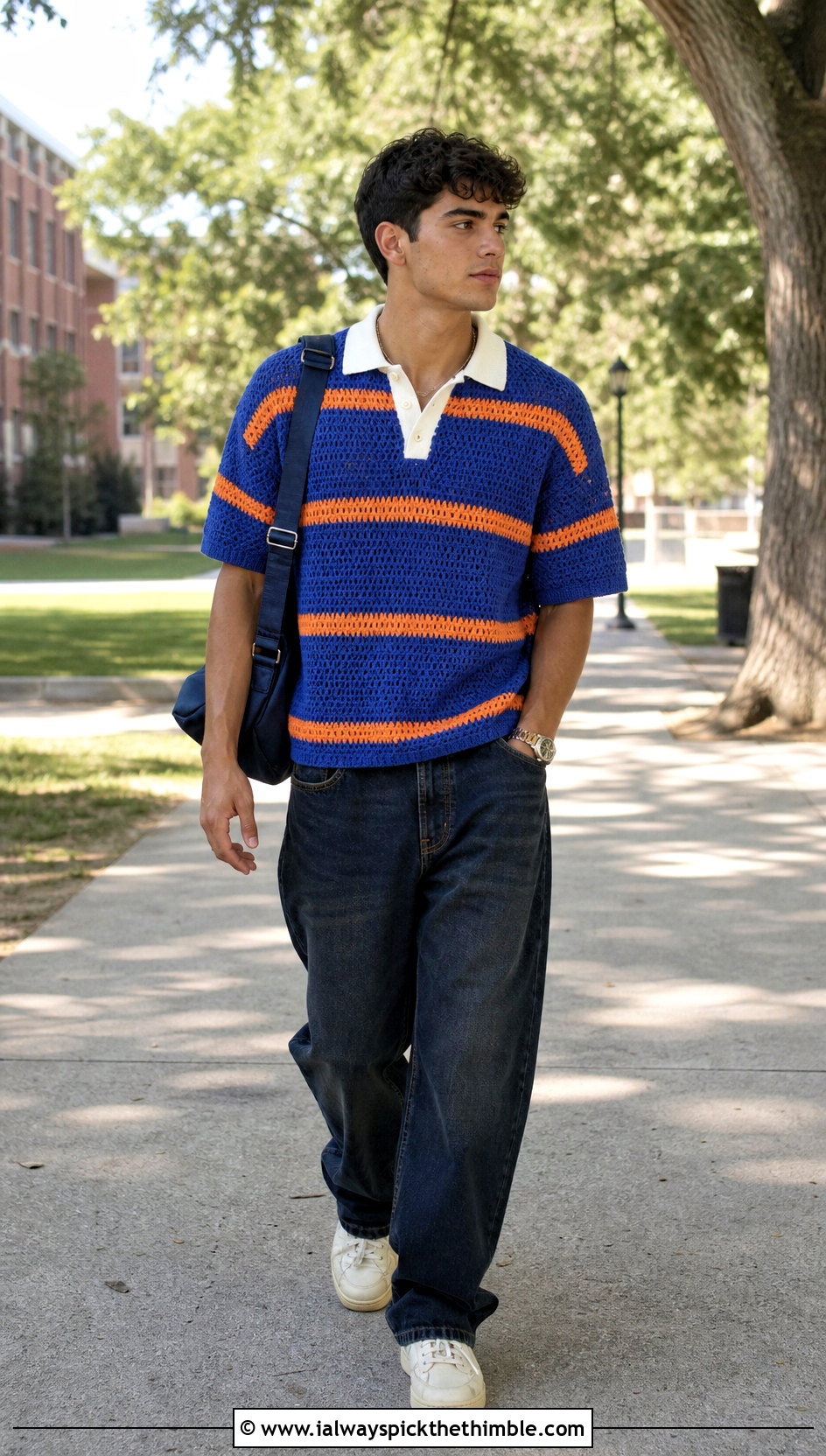 Striped Crochet Rugby Shirt With Relaxed Jeans - 20 Mens Crochet Outfit ideas
