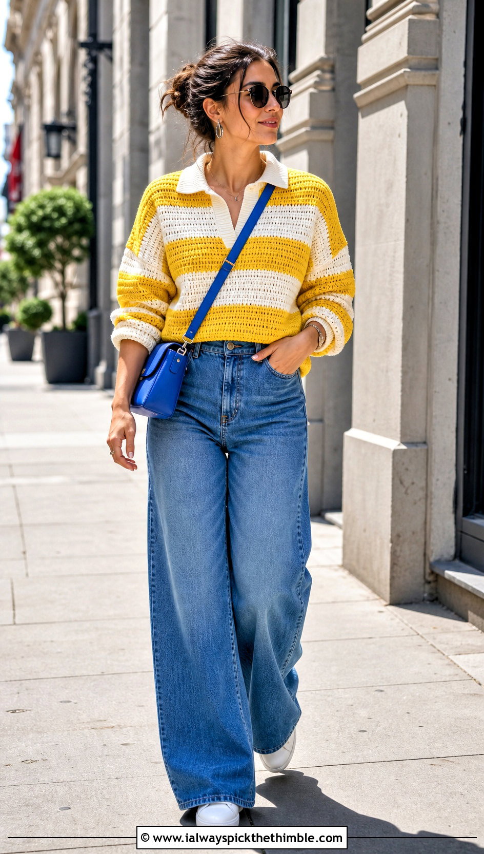 Striped Crochet Rugby Shirt With Wide Leg Jeans - 20 Crochet Rugby Shirt outfit ideas