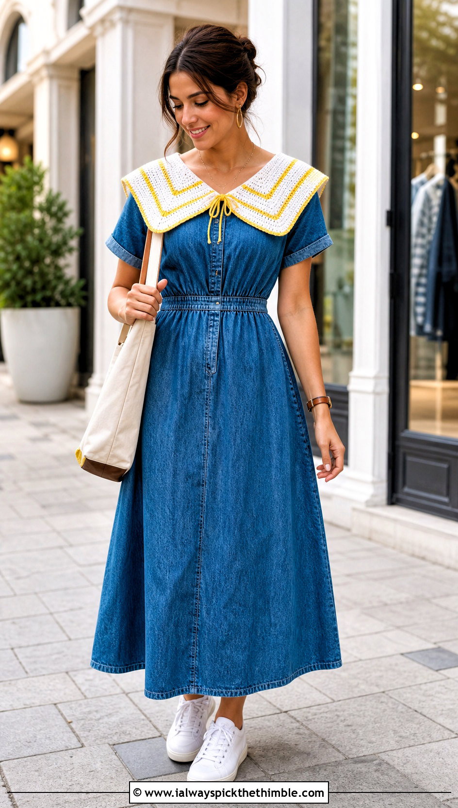 Striped Crochet Sailor Collar With Denim Dress And Sneakers - 20 crochet sailor collar outfit ideas