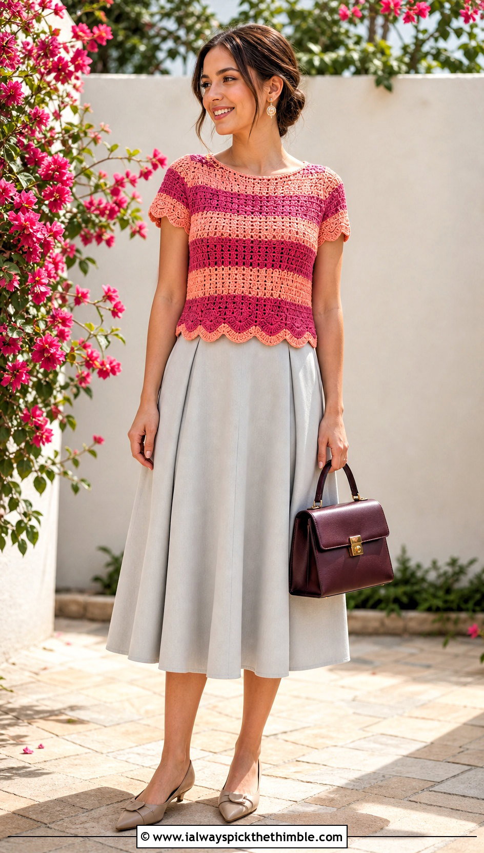 Striped Crochet Scalloped Top With A Line Midi Skirt - 25 striped crochet top outfit ideas