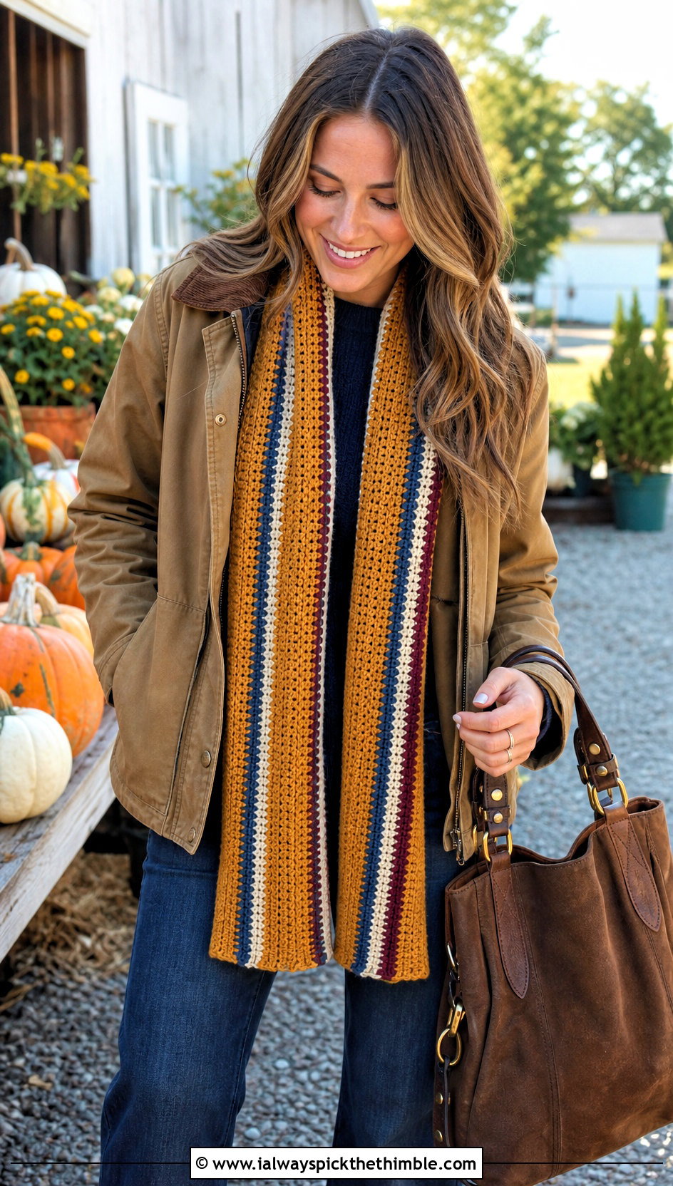 Striped Crochet Scarf With Barn Jacket - 25 crocheted scarf outfit ideas