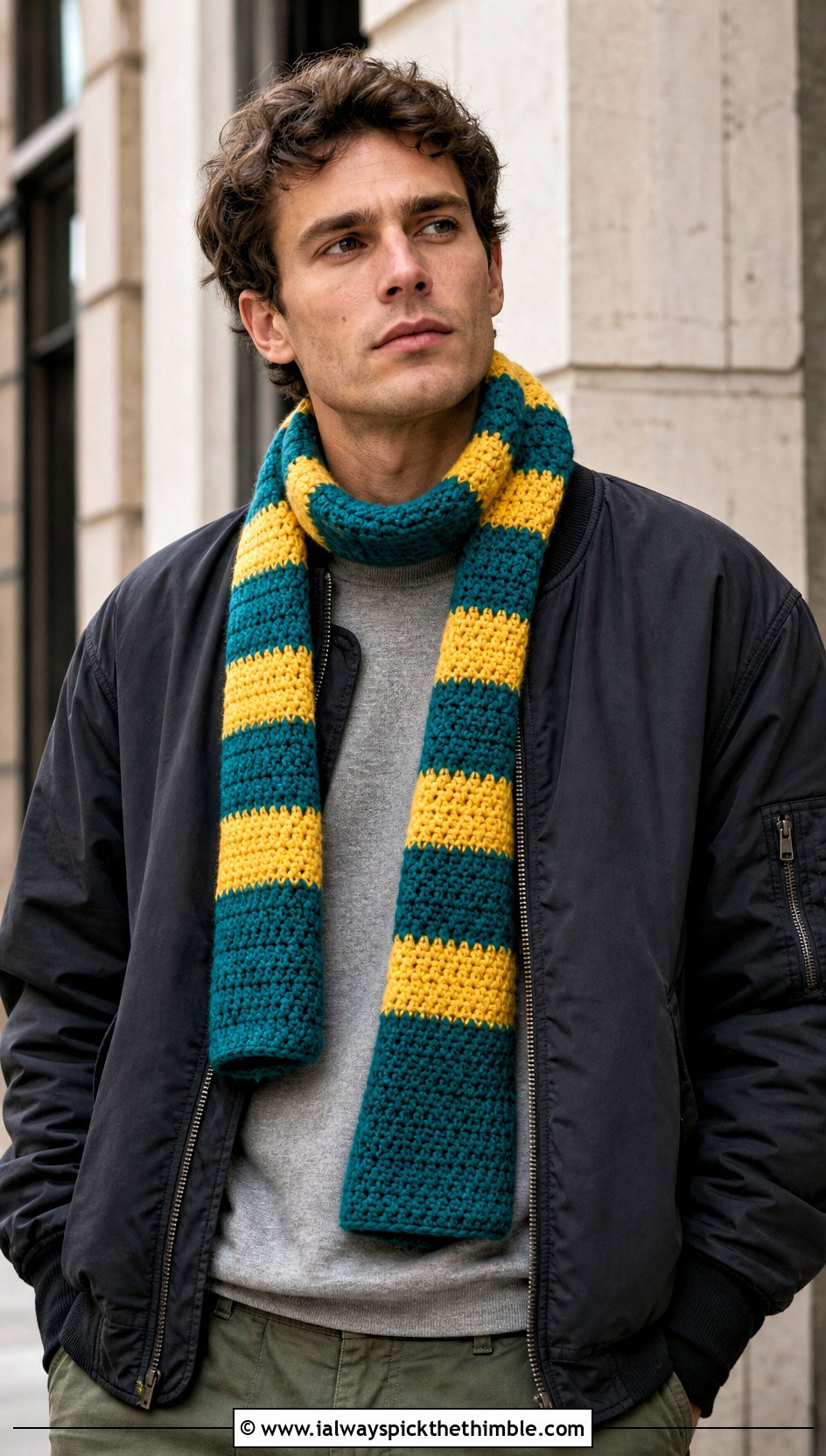 Striped Crochet Scarf With Bomber Jacket - 20 Mens Crochet Scarf outfit ideas