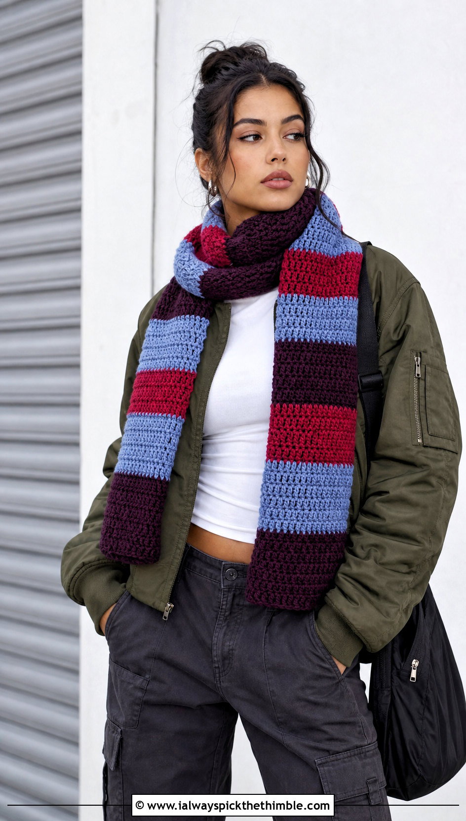 Striped Crochet Scarf With Bomber Jacket - 15 Vibrant Crochet Scarf outfit ideas
