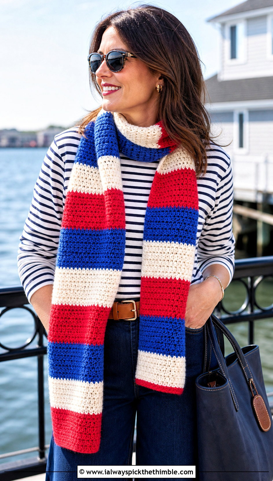Striped Crochet Scarf With Breton Top And Wide Leg Jeans - 25 easy crochet scarf outfit ideas