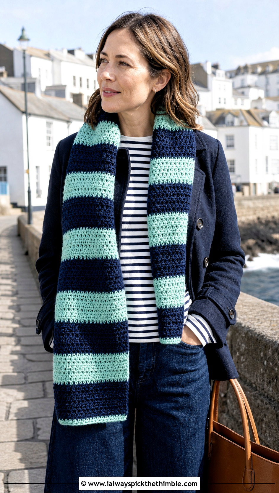 Striped Crochet Scarf With Breton Top And Wide Leg Jeans - 25 cute crochet scarf outfit ideas