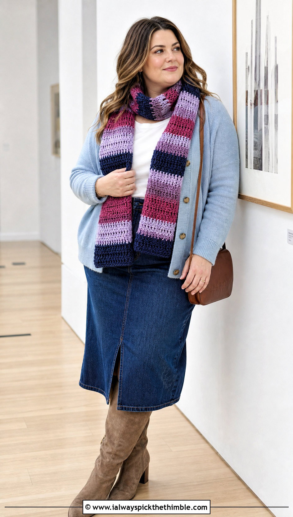 Striped Crochet Scarf With Cardigan and Denim Midi Skirt - 25 fall crochet scarf outfit ideas