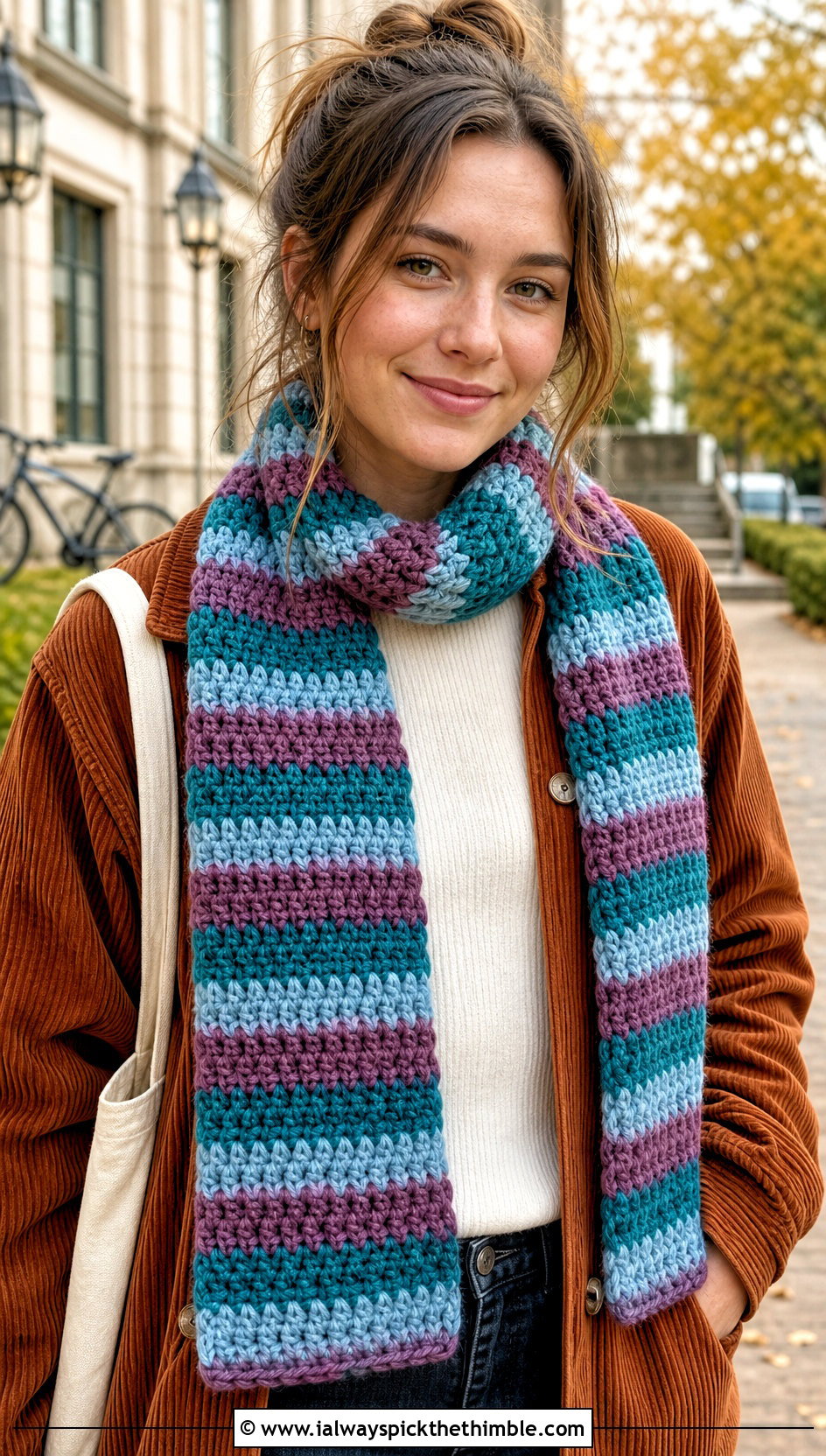 Striped Crochet Scarf With Corduroy Overshirt - 20 Crochet For Beginners Scarf outfit ideas