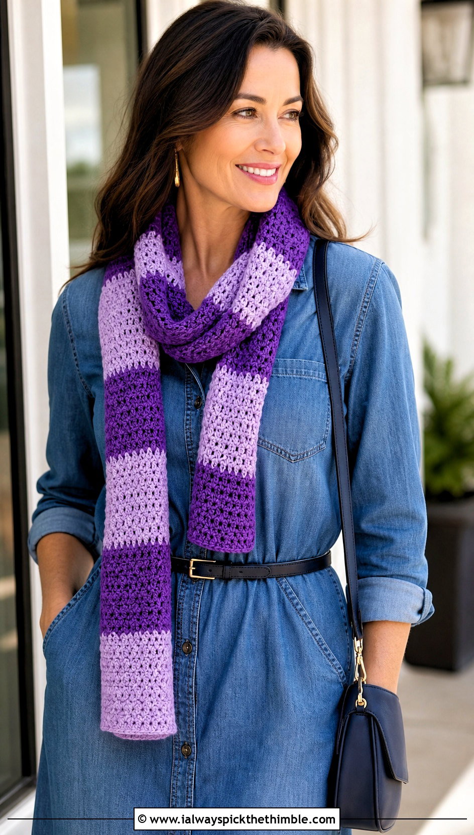 Striped Crochet Scarf With Denim Dress - 20 pretty crochet scarf outfit ideas