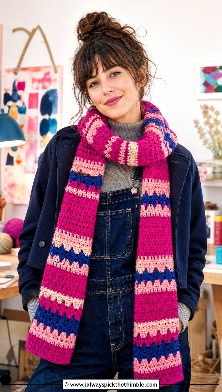 Striped Crochet Scarf With Denim Overalls - 25 Winter Crochet Scarfs For Women outfit ideas
