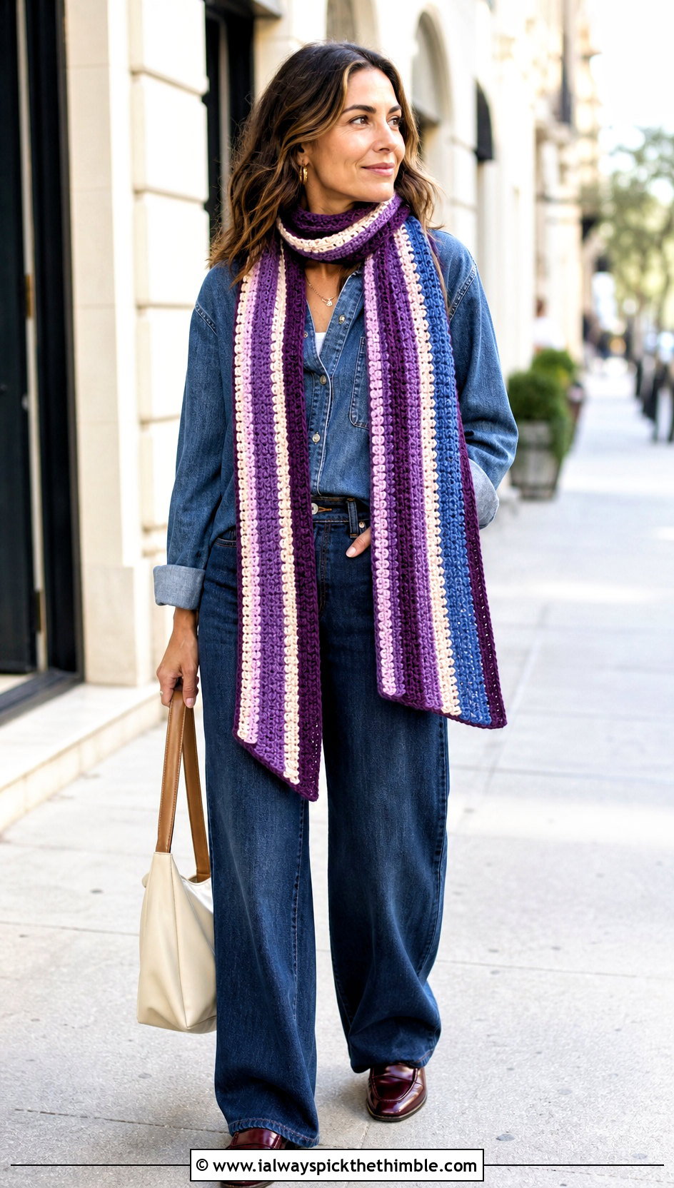 Striped Crochet Scarf With Double Denim - 20 Beginner Crochet Projects Scarf outfit ideas