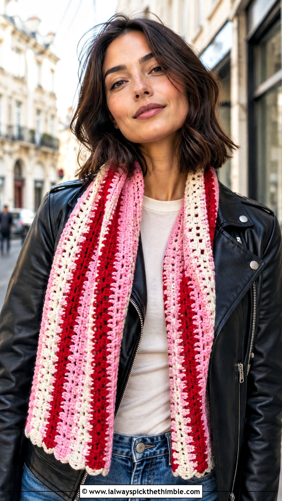 Striped Crochet Scarf With Leather Jacket - 25 easy crochet scarf for beginners outfit ideas