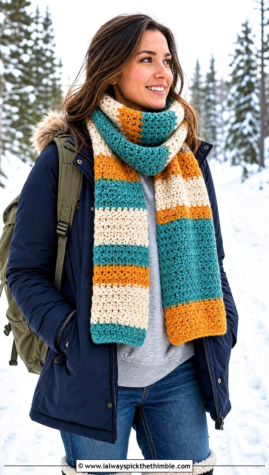 Striped Crochet Scarf With Parka - 25 crochet winter scarf outfit ideas