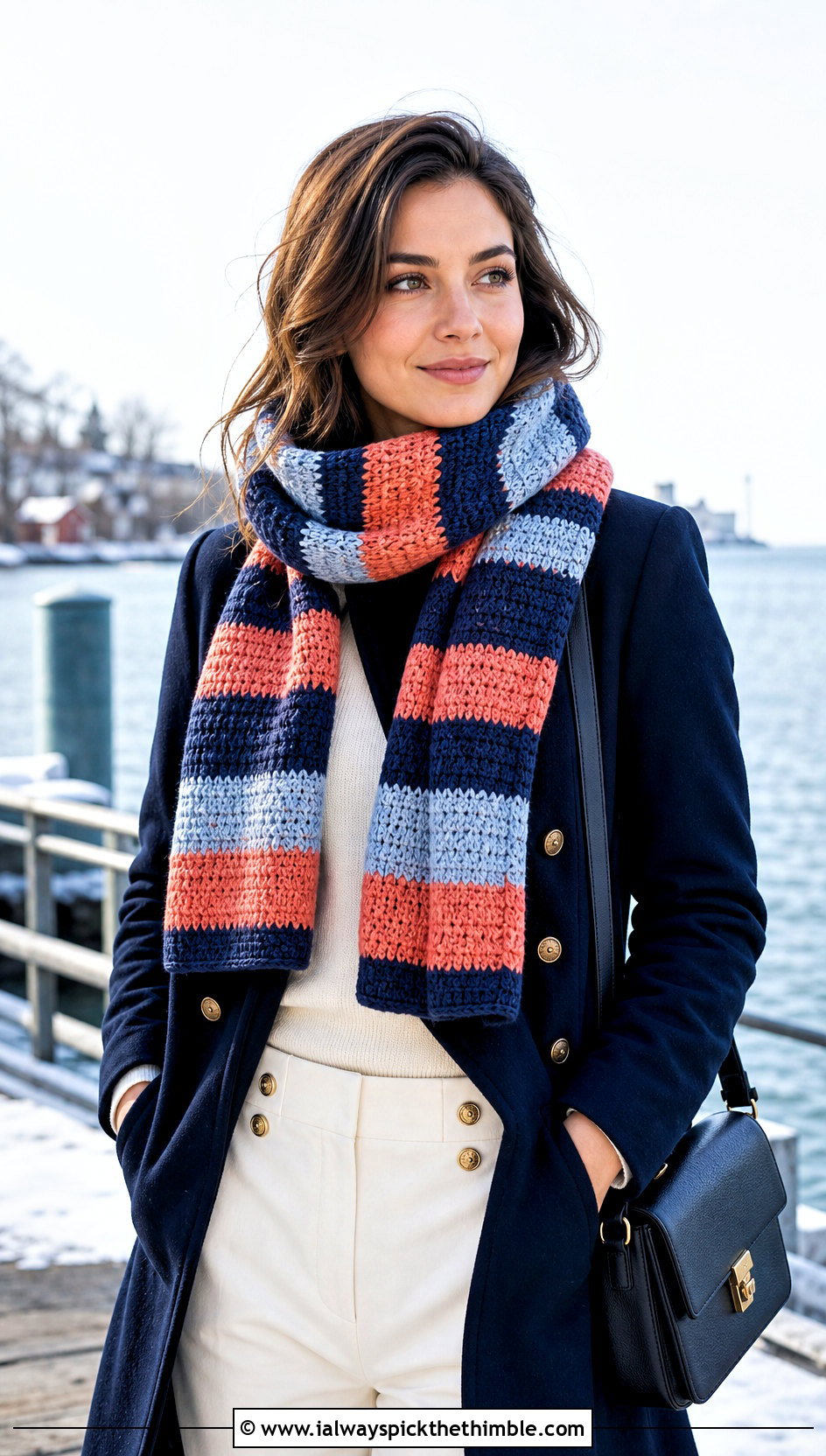 Striped Crochet Scarf With Peacoat And Sailor Trousers - 15 Winter Crochet Scarf Design outfit ideas
