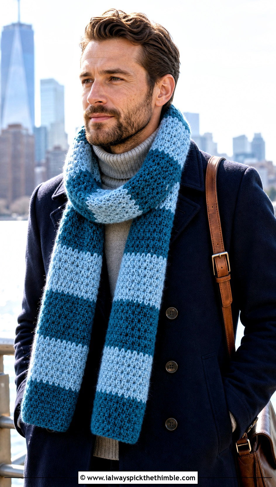 Striped Crochet Scarf With Peacoat - 25 men crochet scarf outfit ideas
