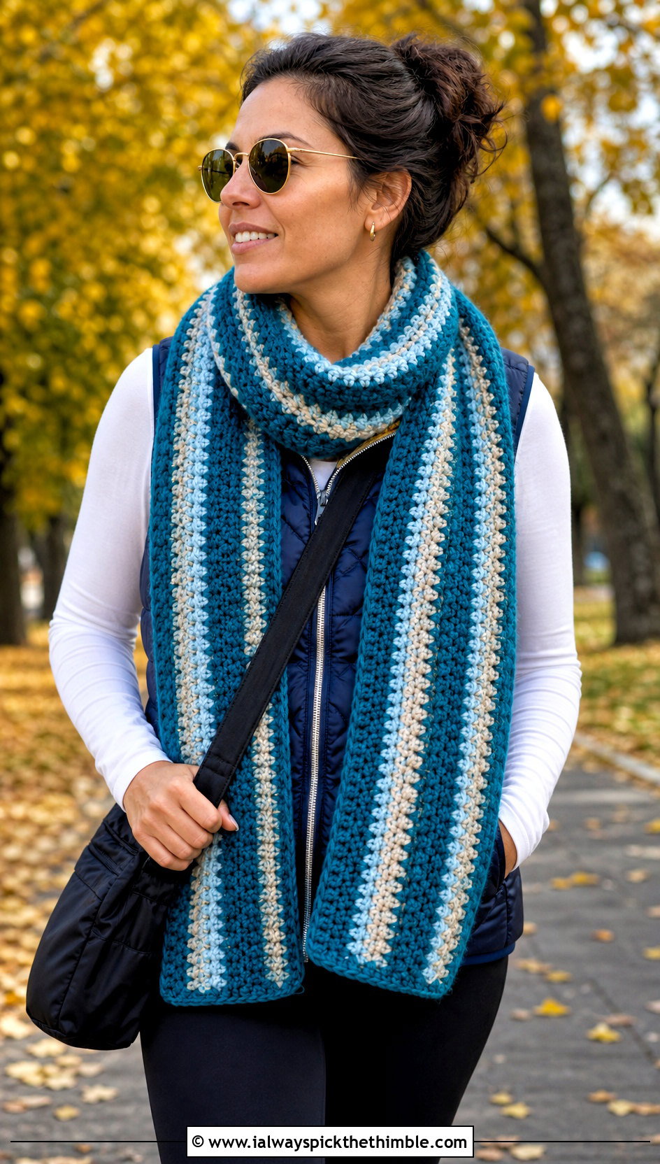Striped Crochet Scarf With Puffer Vest - 20 autumn crochet scarf outfit ideas