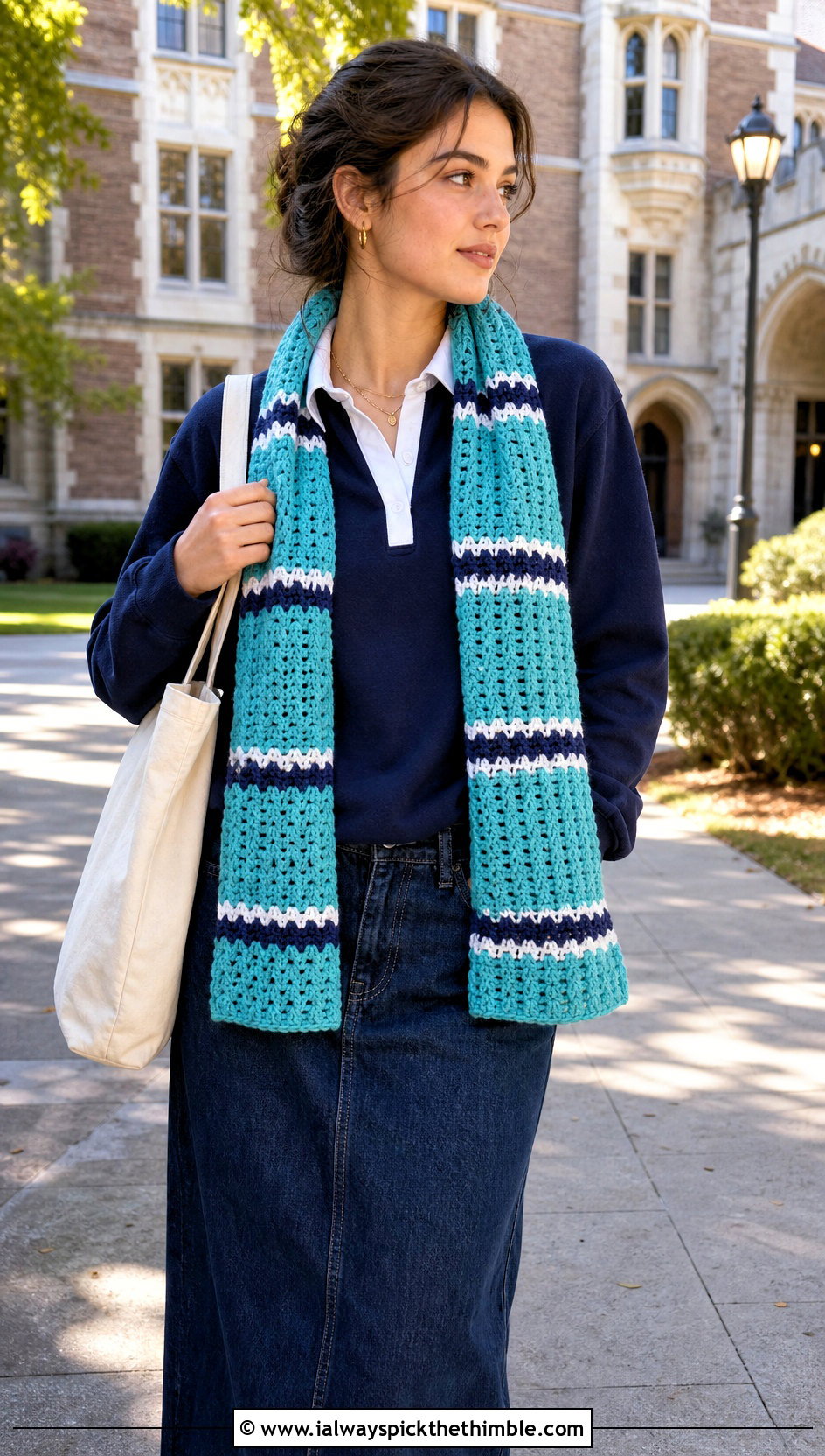 Striped Crochet Scarf With Rugby Shirt And Denim Skirt - 25 simple crochet scarf outfit ideas
