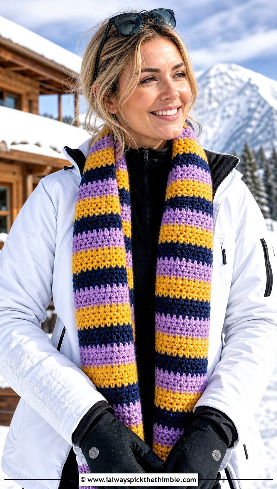 Striped Crochet Scarf With Ski Jacket - 25 Winter Crochet Scarf outfit ideas