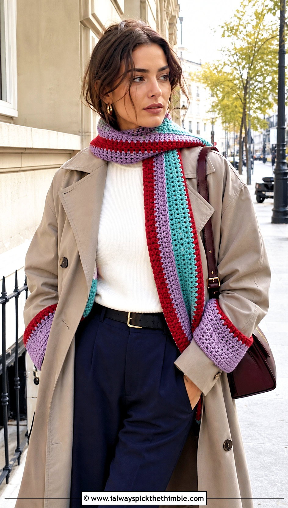 Striped Crochet Scarf With Sleeves And Trench Coat - 25 crochet scarf with sleeves outfit ideas