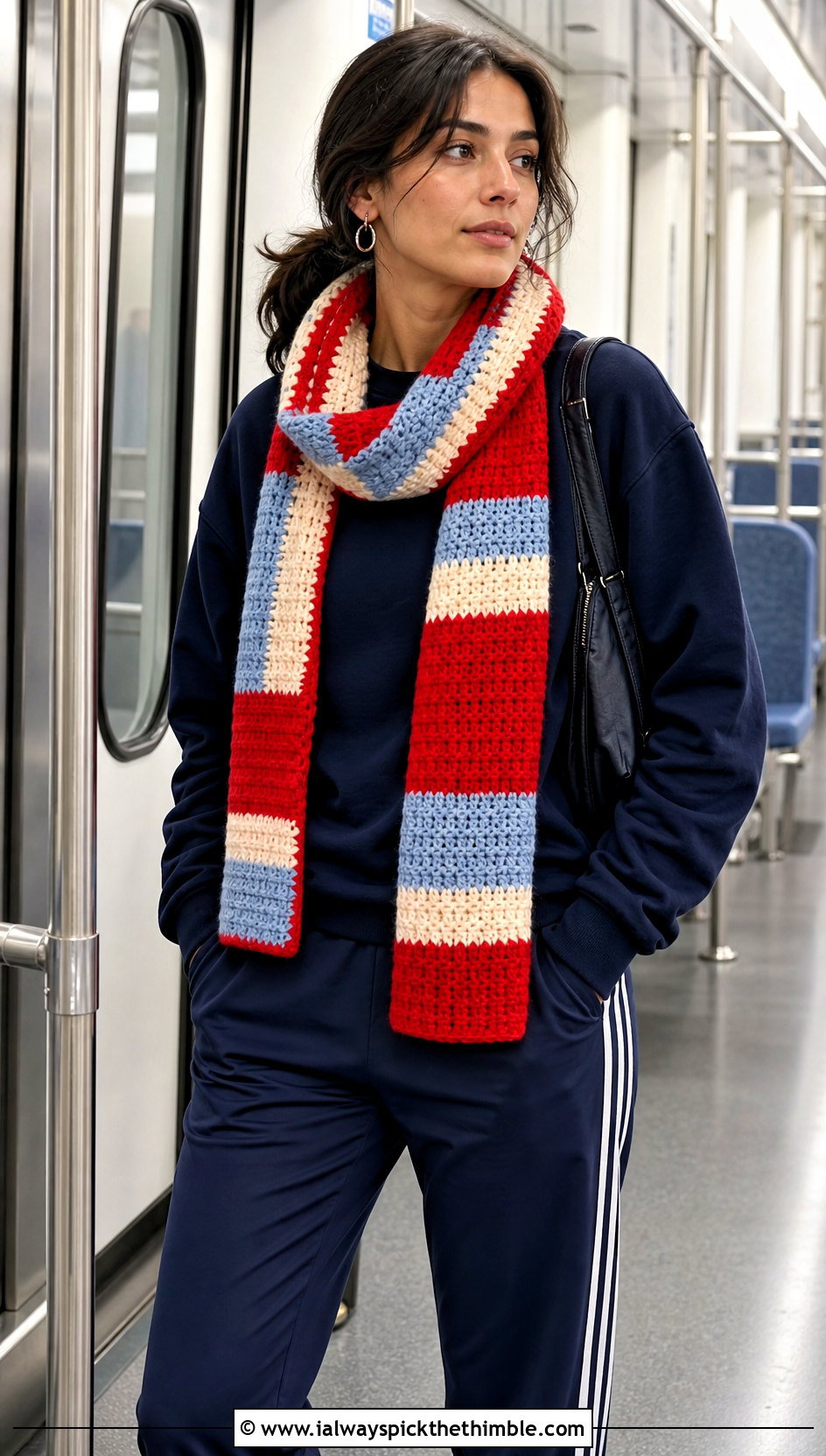 Striped Crochet Scarf With Sweatshirt And Track Pants - 25 crochet scarf outfit ideas