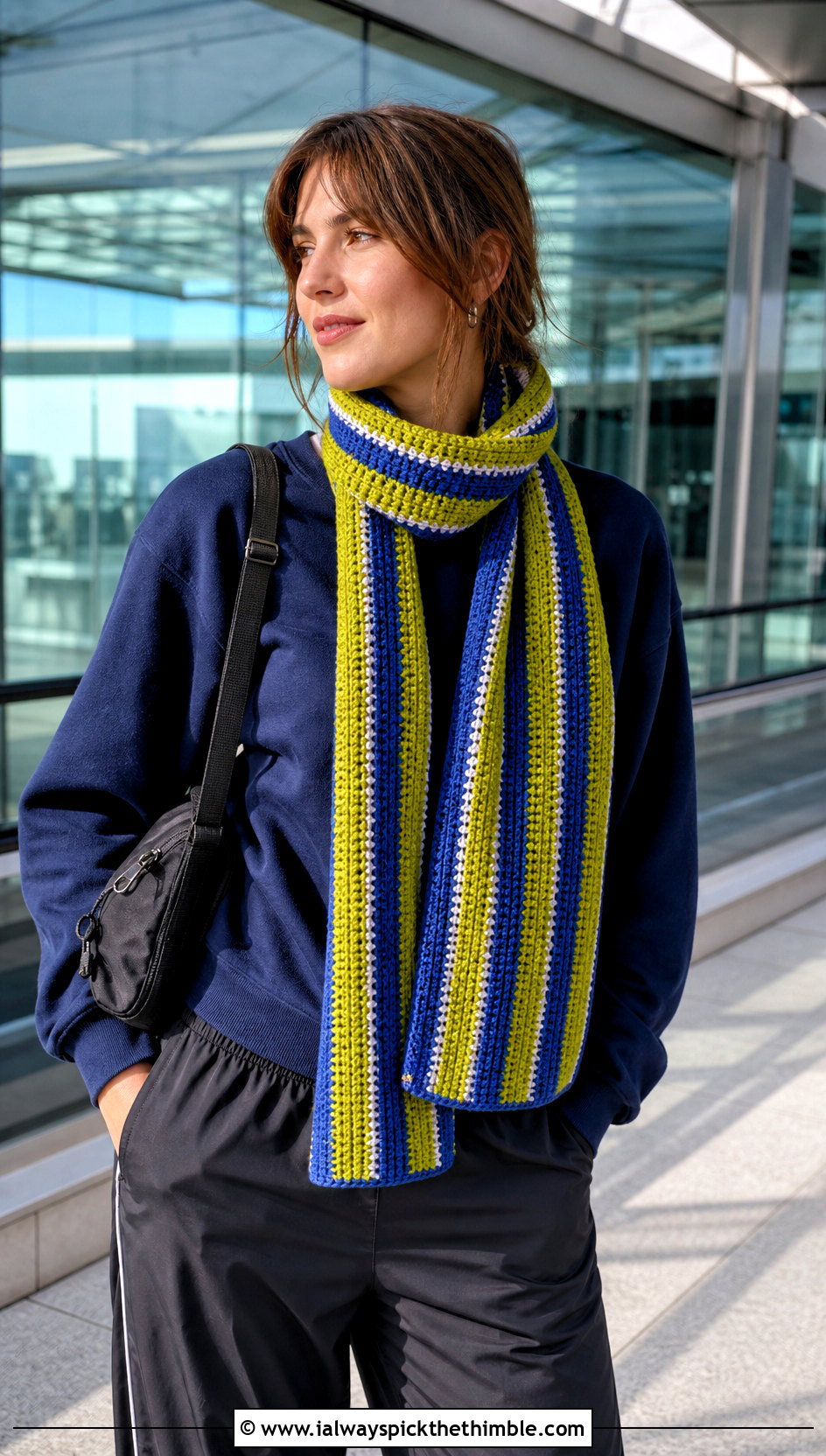 Striped Crochet Scarf With Sweatshirt And Track Pants - 20 crochet for scarfs outfit ideas