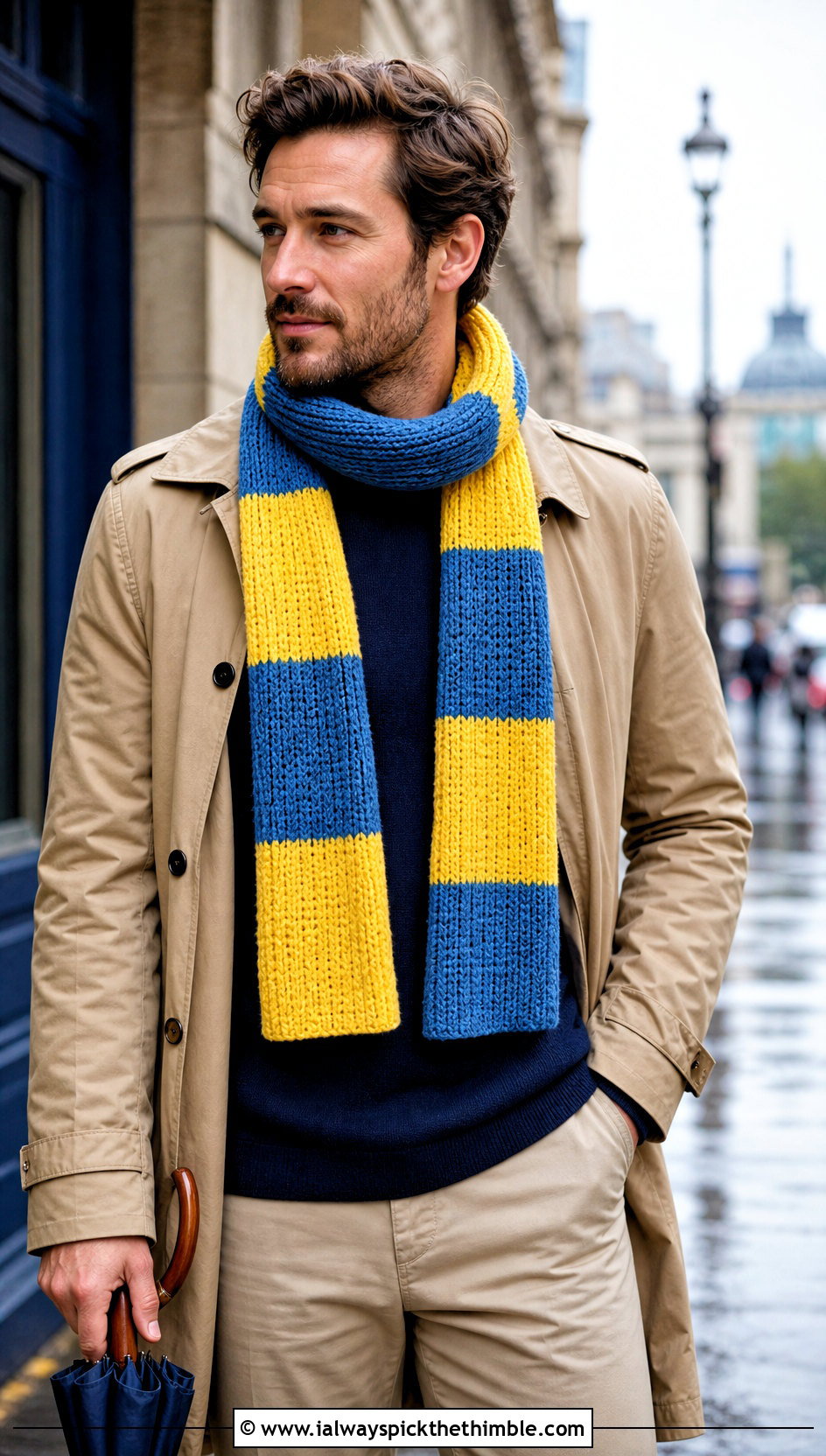 Striped Crochet Scarf With Trench Coat - 20 crochet scarf ideas for men