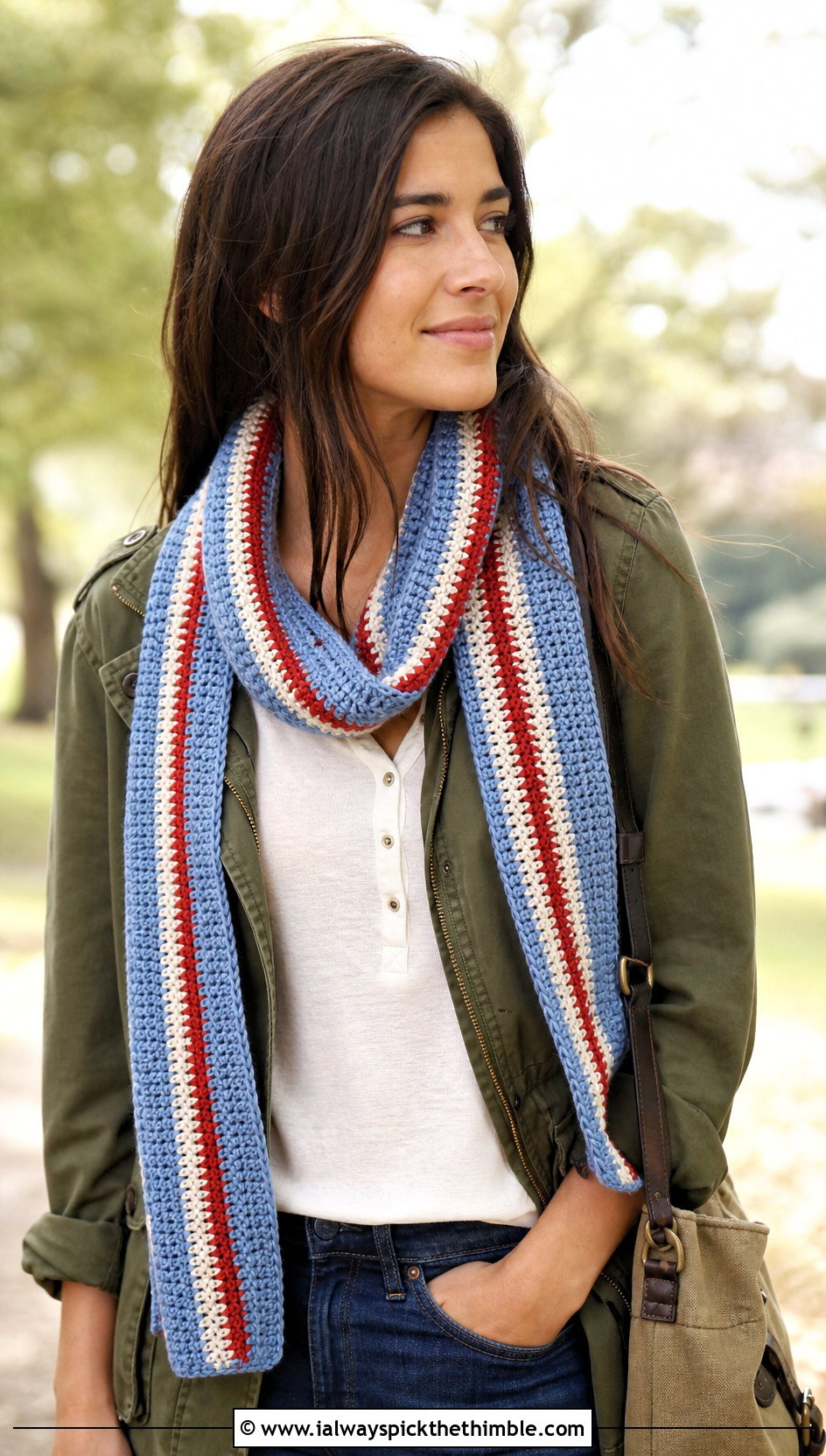 Striped Crochet Scarf With Utility Jacket - 25 beginner crochet scarf outfit ideas